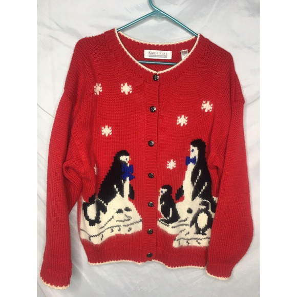 Karen Scott Red Knit Cardigan Sweater Penguins Snowflakes Angora Size M Vintage - Picture 1 of 6
